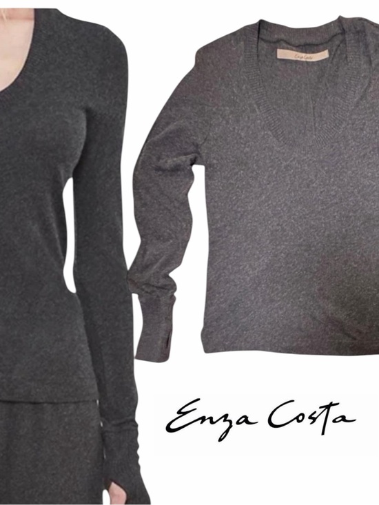Enza Costa Sweaters - Enza Costa Cashmere Cotton Sweater Gray Thumbhole Cuffs Made USA M